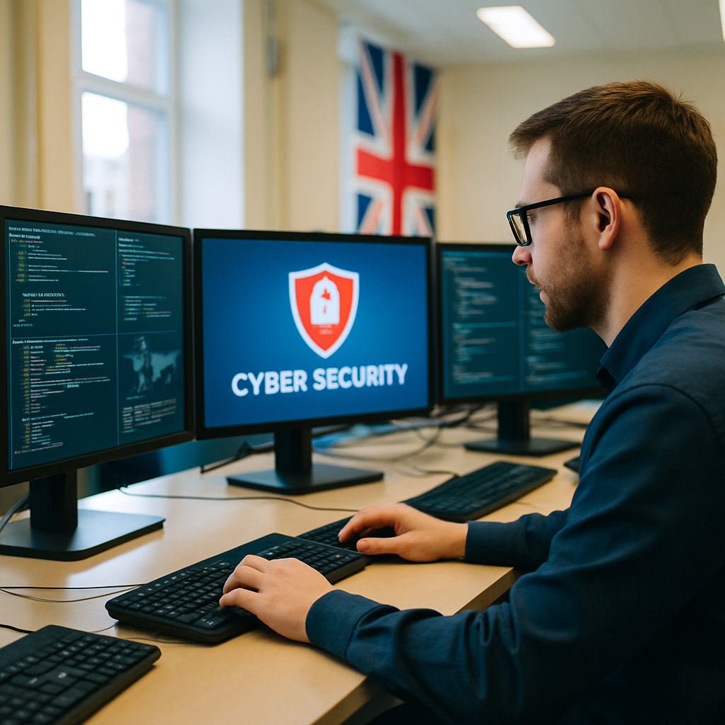Cybersecurity professional works urgently amidst multiple screens and keyboards.