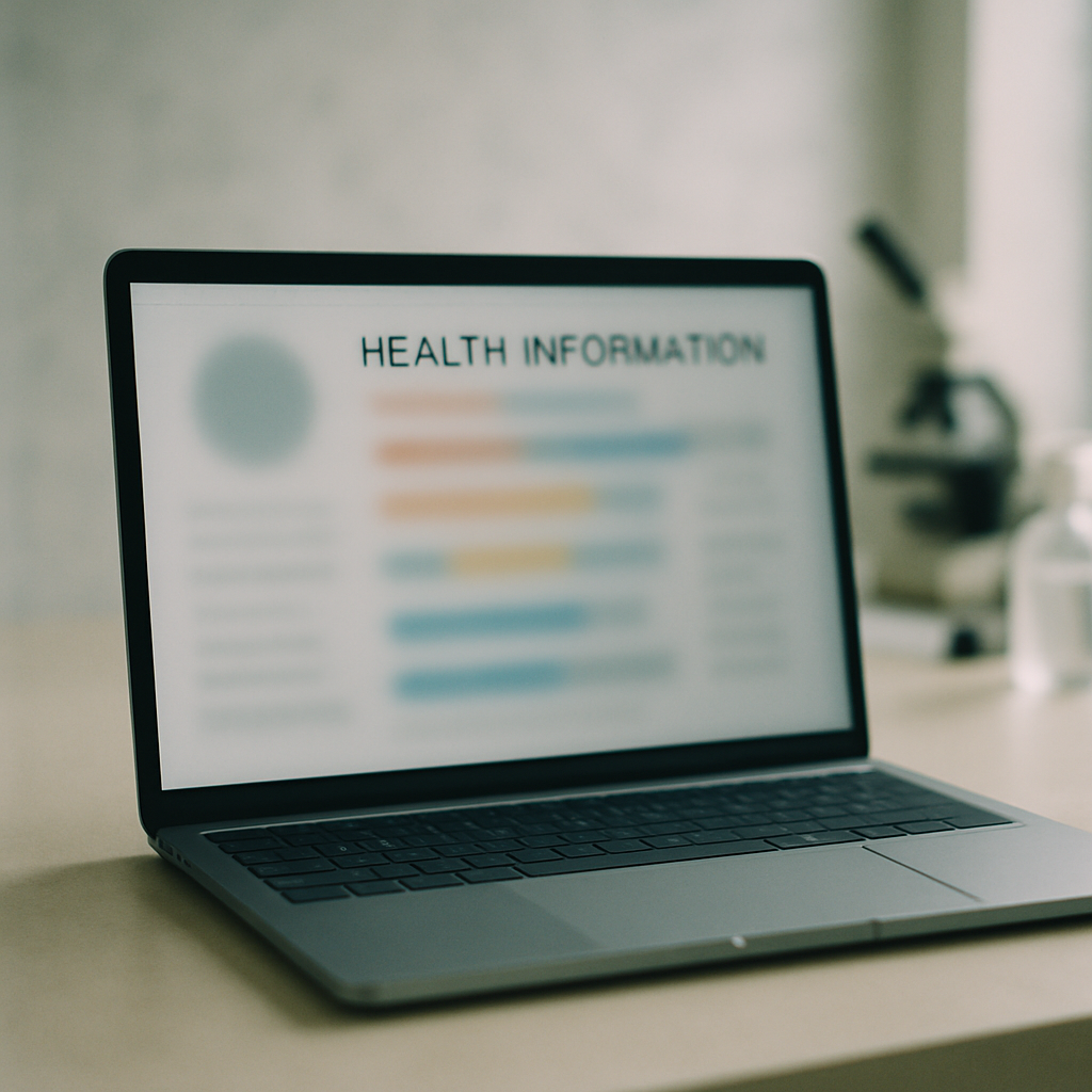 Laptop screen displays blurred health information on a subtle medical background.