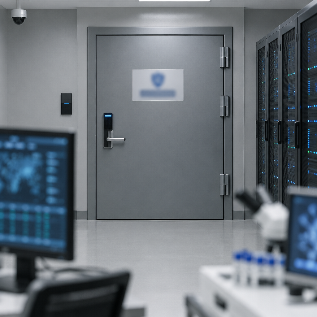 Secure facility with sealed door and blurred computer terminals in the foreground.