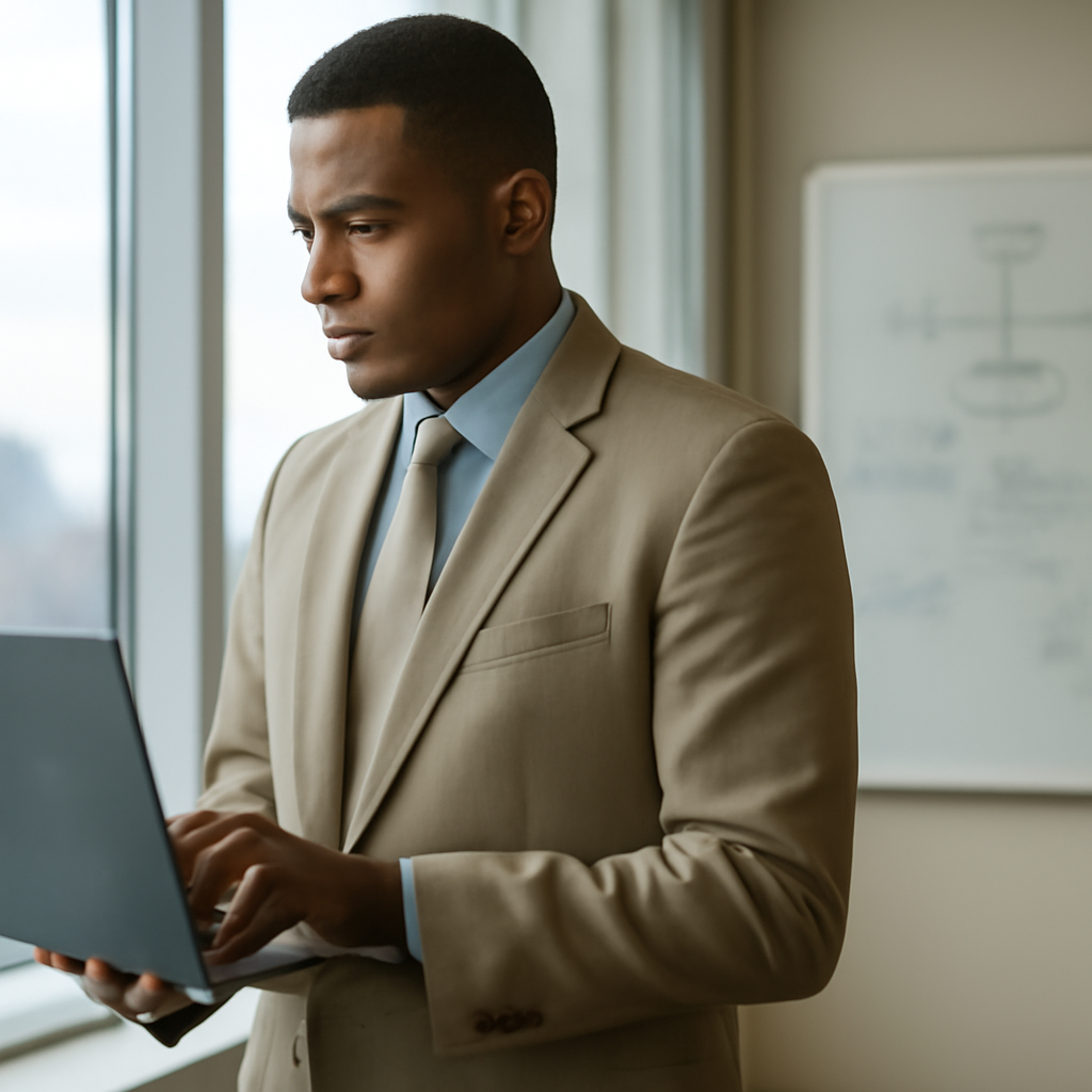 Person in neutral outfit examines laptop with network diagram nearby.