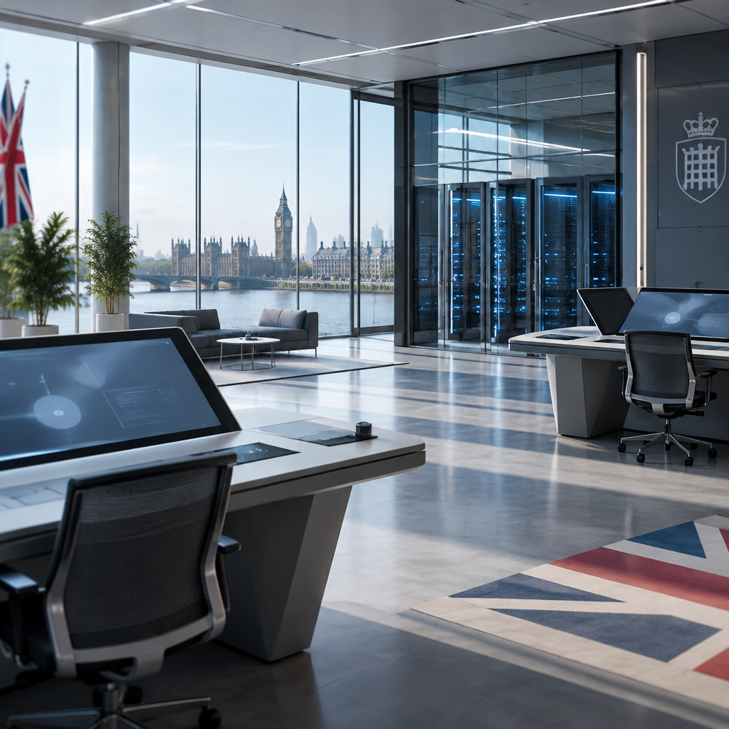 Modern government facility interior with sleek computer terminals and futuristic control panels.