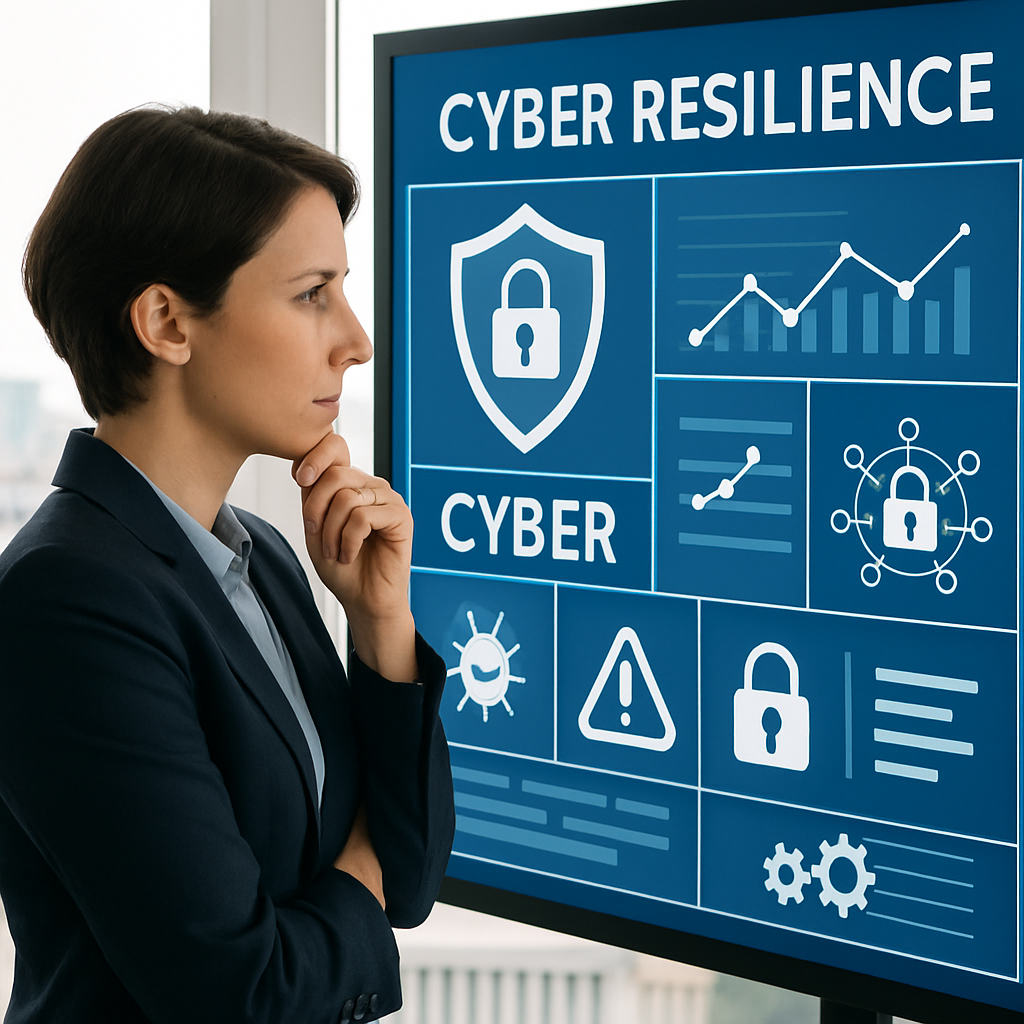 Businessperson examines cybersecurity dashboard in front of city backdrop.