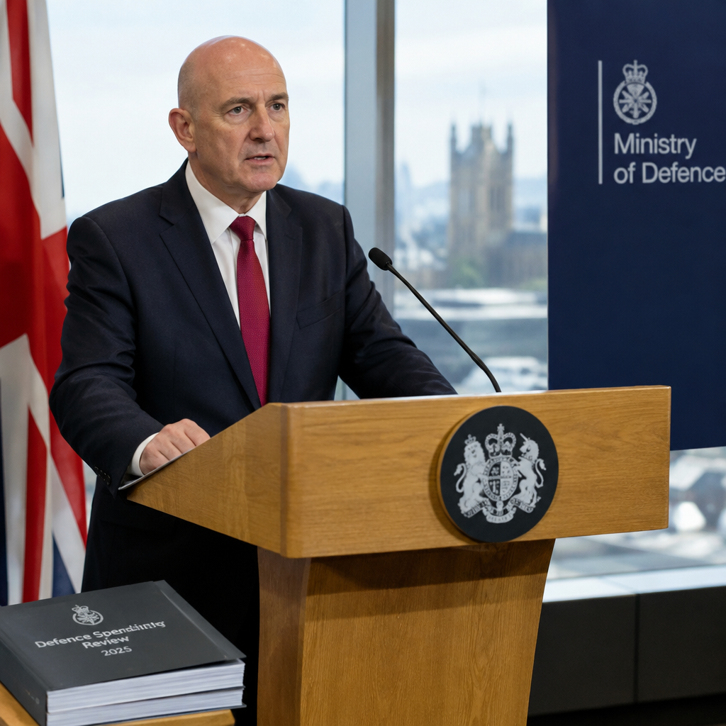 Chancellor John Healey speaks at a podium in a formal government setting.