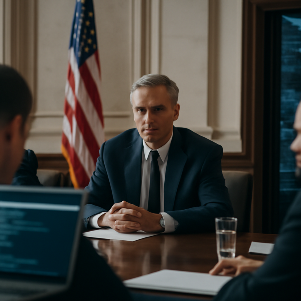 Government officials gather in a formal conference room with subtle tech elements in the background.