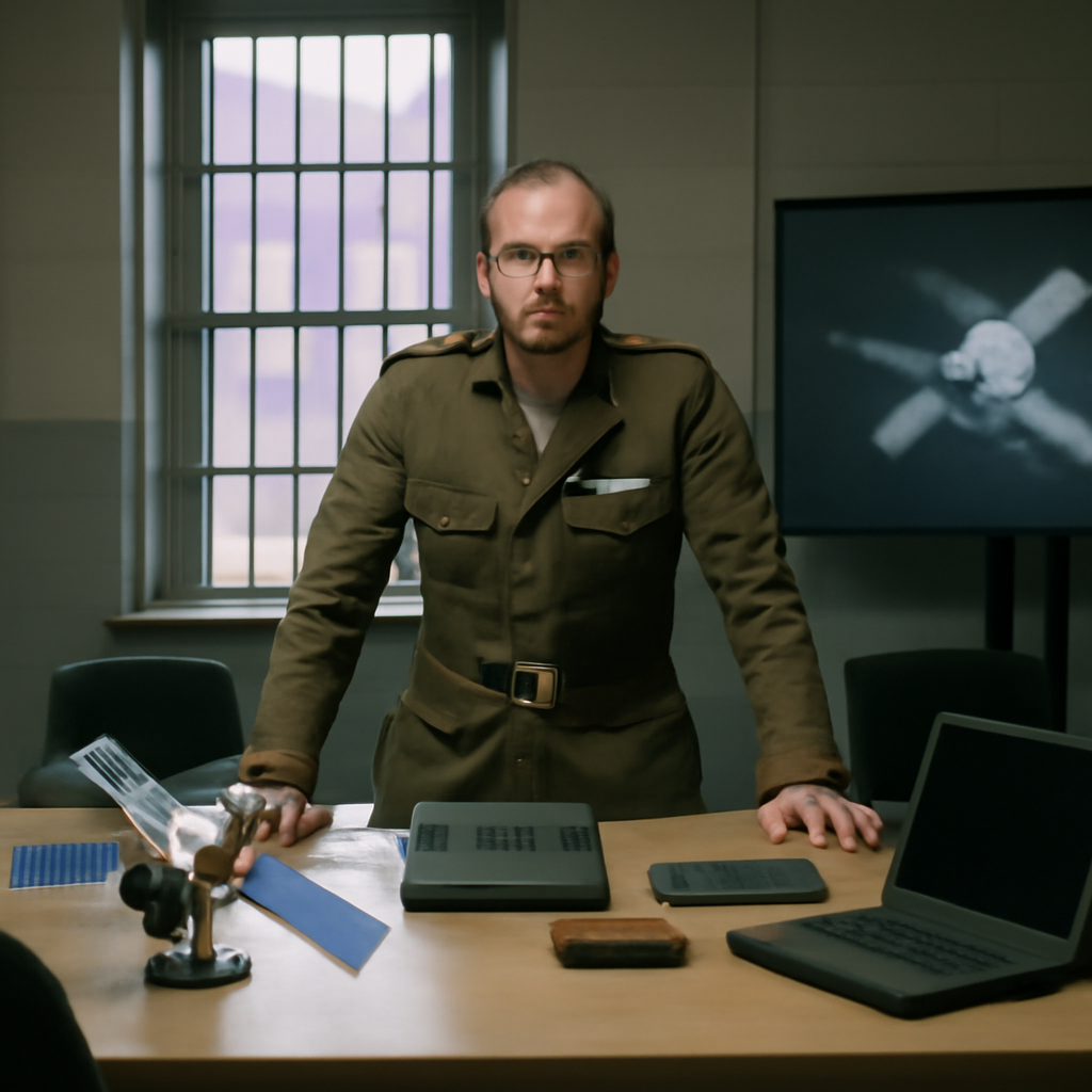 UK official stands by modern conference table with high-tech space defense equipment.