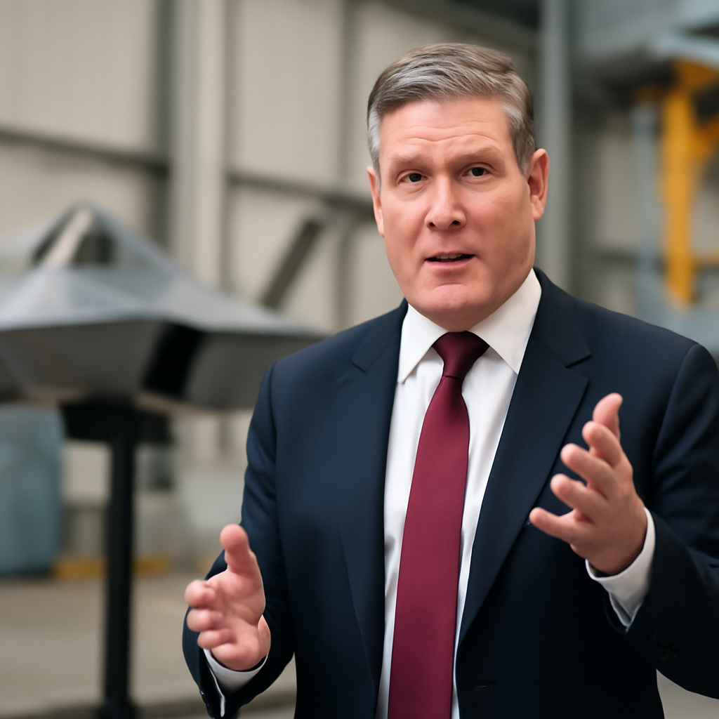 Prime Minister Keir Starmer speaks at a facility with a military aircraft model behind him.