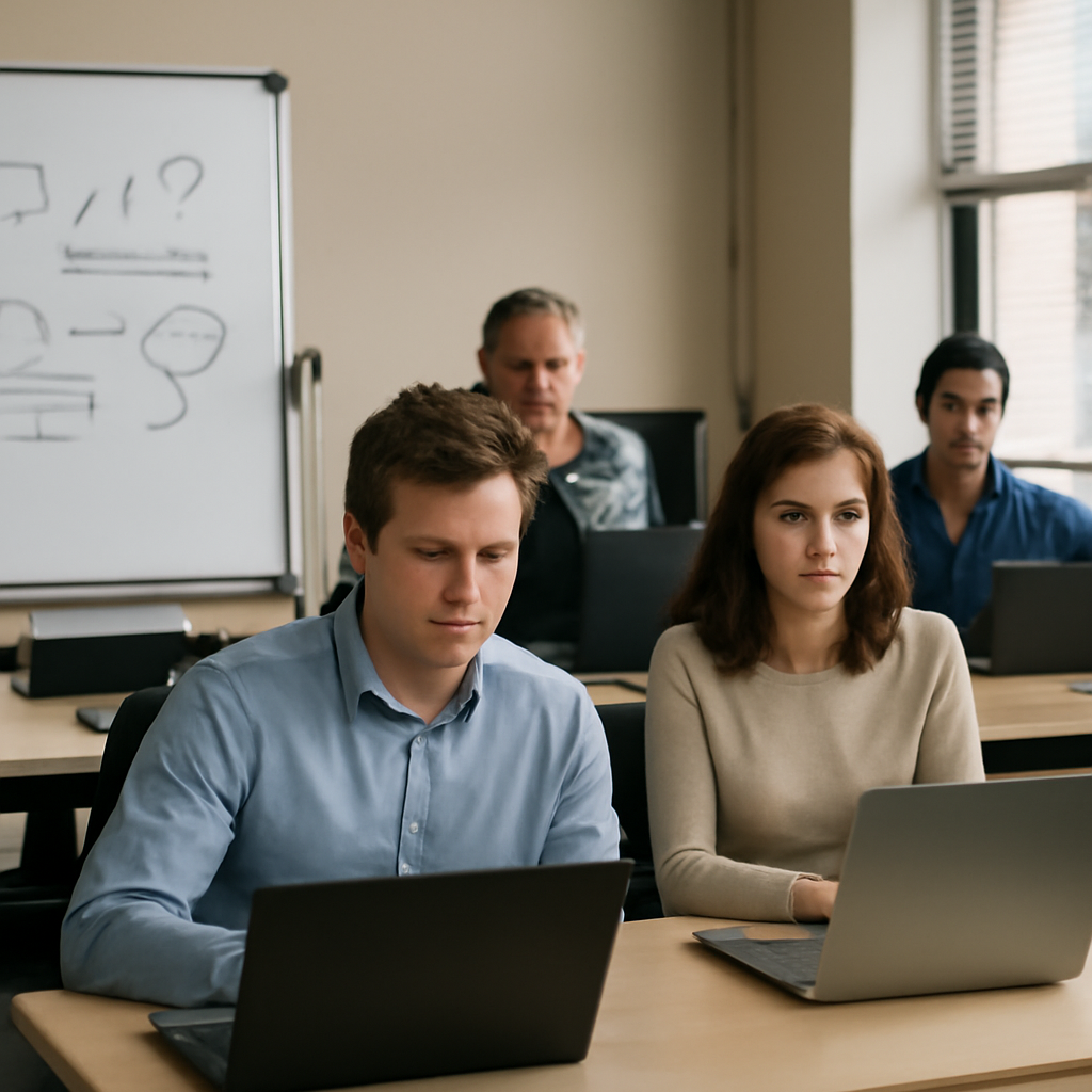 Employees work at desks with concerned expressions, surrounded by computers and a whiteboard with scribbled notes.