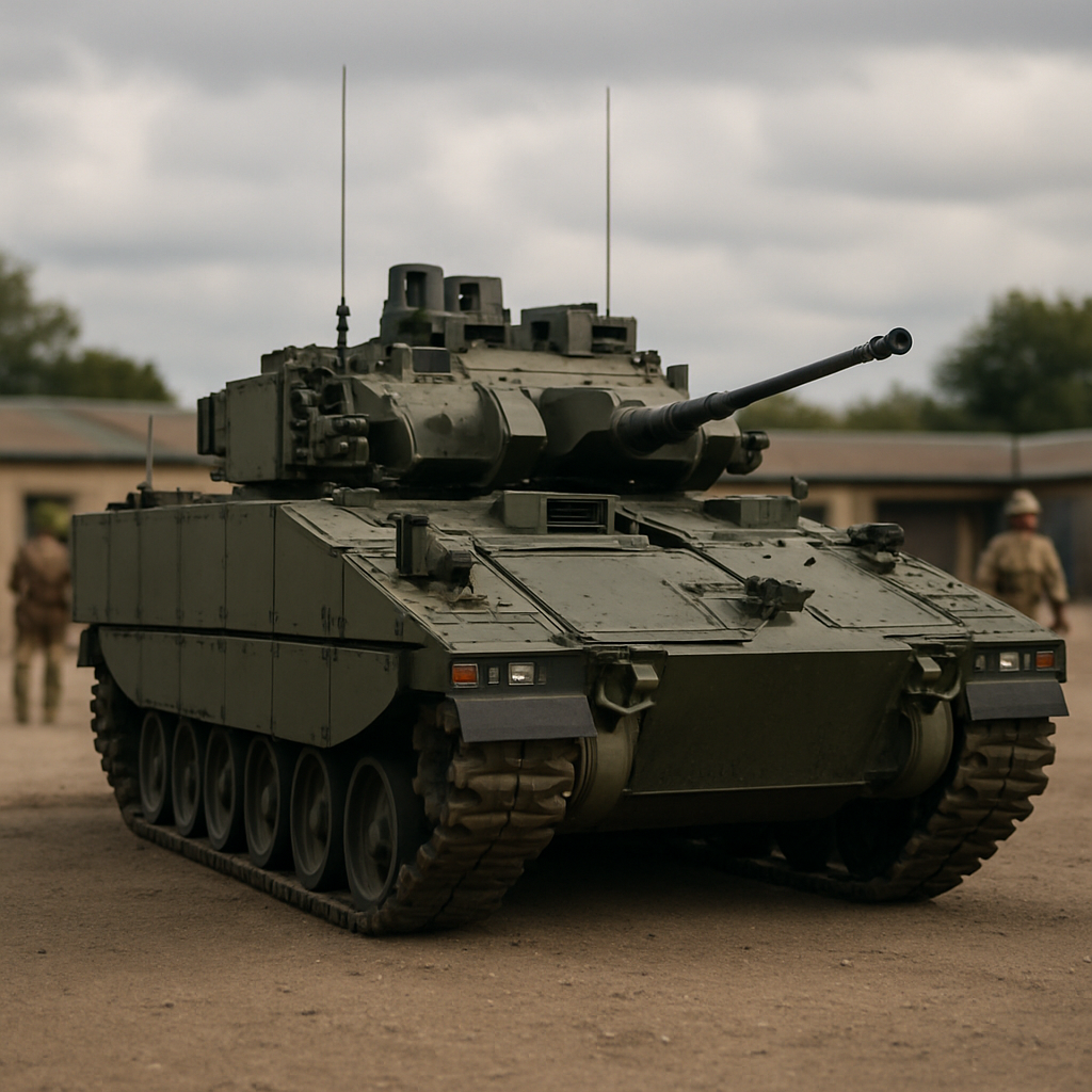 British Army Ajax armored vehicle parked on a military base with soldiers in the background.