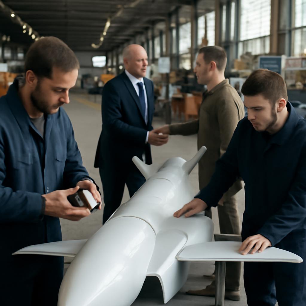 Ukrainian technicians inspect Storm Shadow missile components with UK Defence Minister at industrial facility.