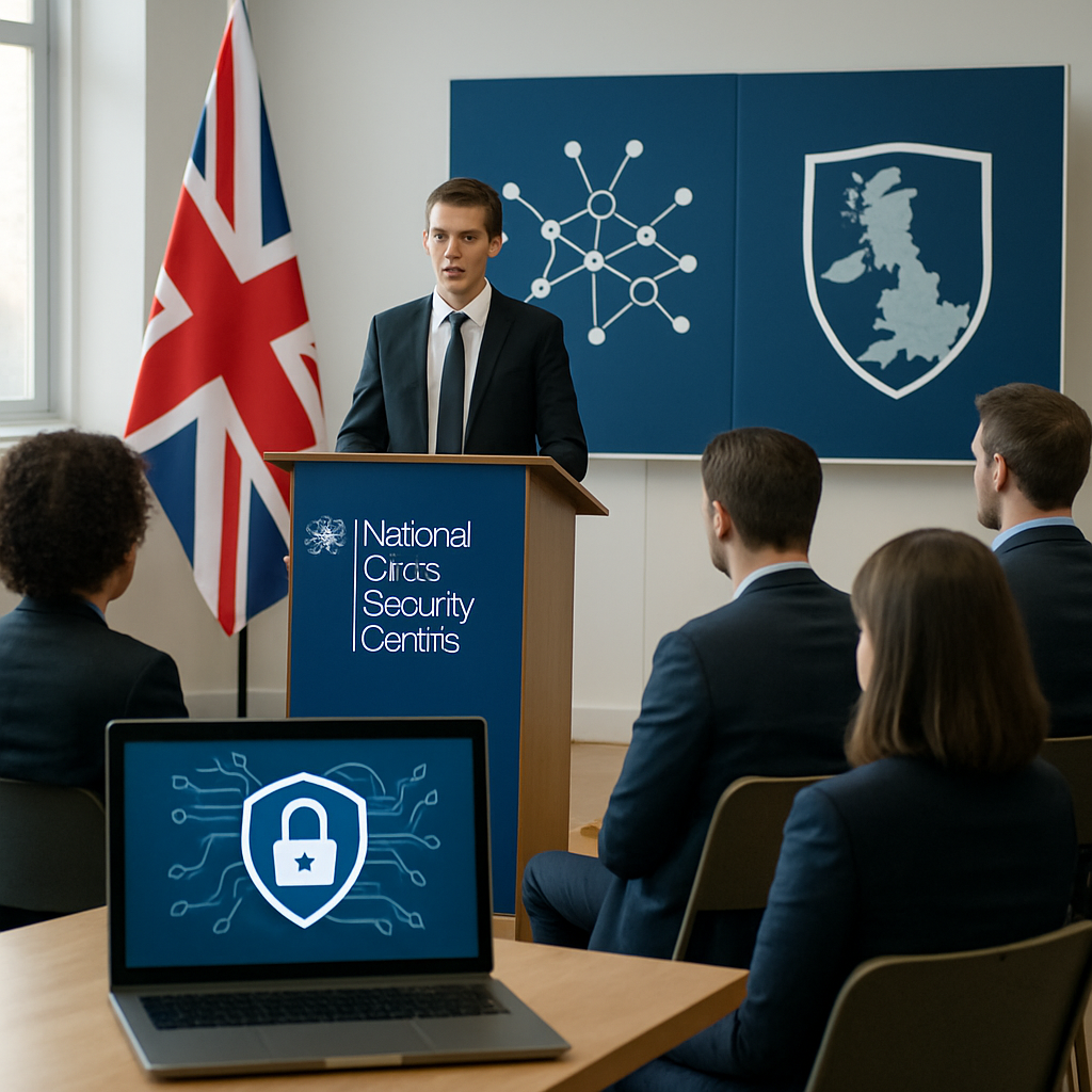 British flag and computer setup at National Cyber Security Centre conference.