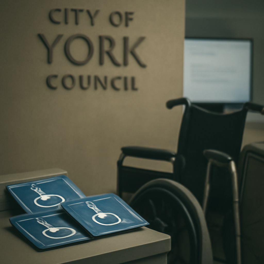 City council office with blurred computer screen and mobility aids in foreground.