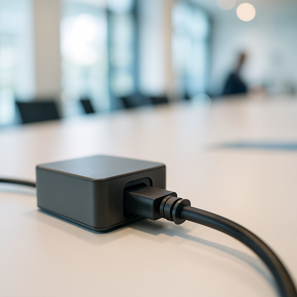 Small hardware device on a plain surface with a monitor cable running through it in a bright conference setting.