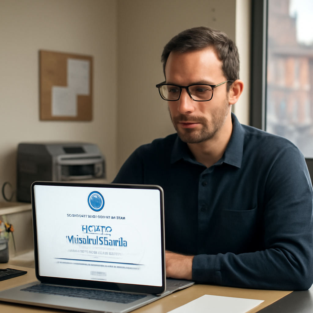 Small business owner or IT professional viewing Cyber Essentials certificate on laptop.