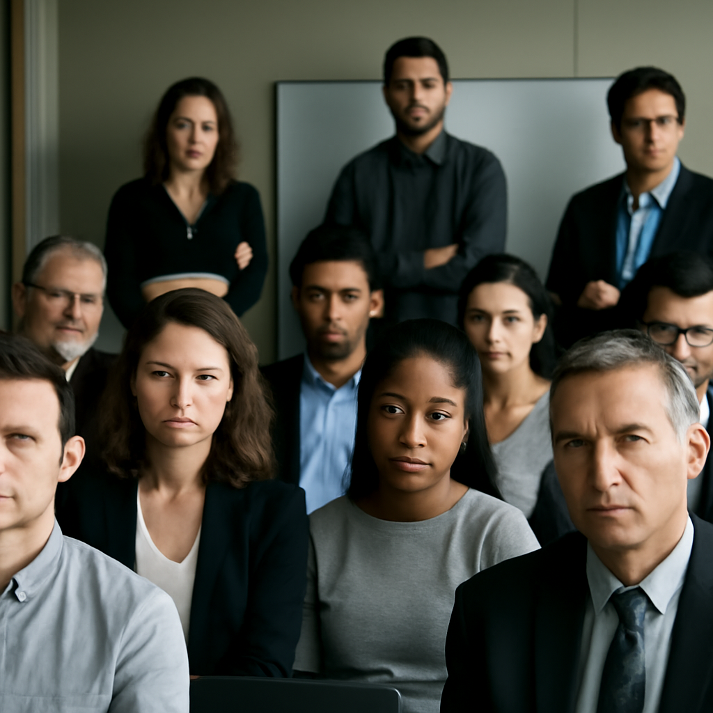 Mixed group of people in modern office setting with women in minority among men.