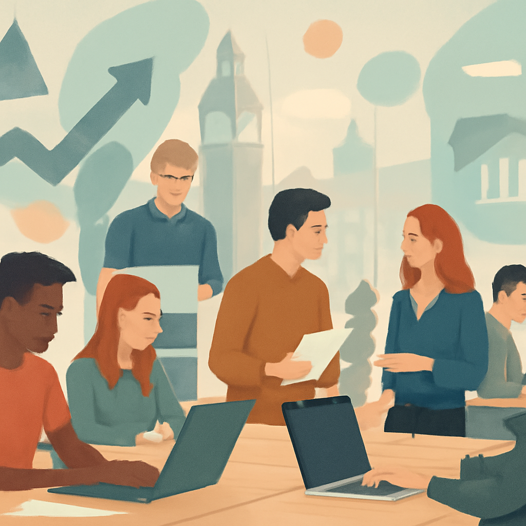 Young professionals and entrepreneurs work on laptops in a bustling office with a cityscape background.