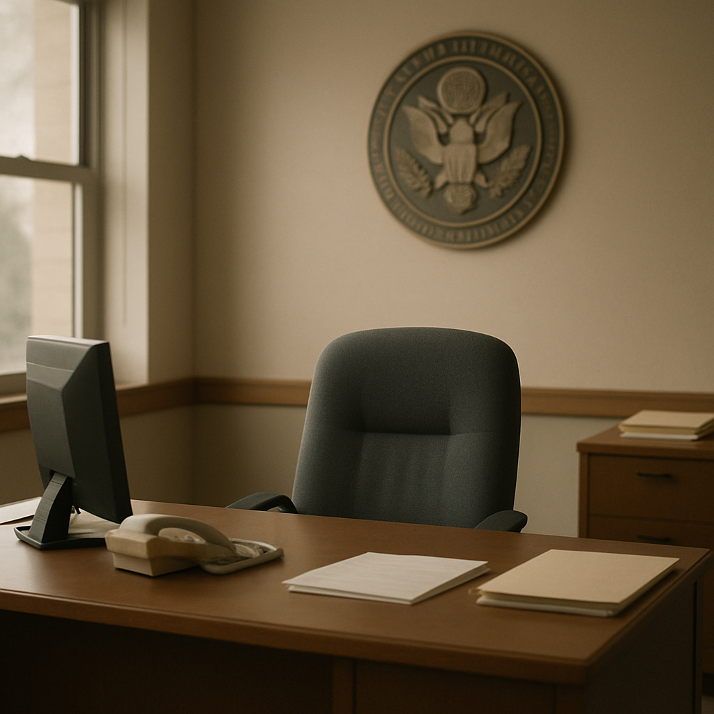 A vacant chair sits at a desk in a government office with a blurred wall emblem and soft daylight through a window.
