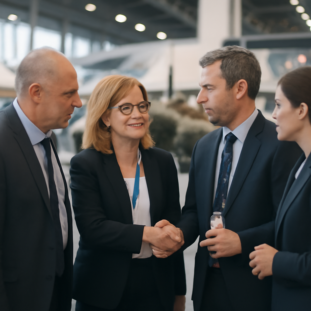 Professionals discuss and collaborate at a UK defense industry event.