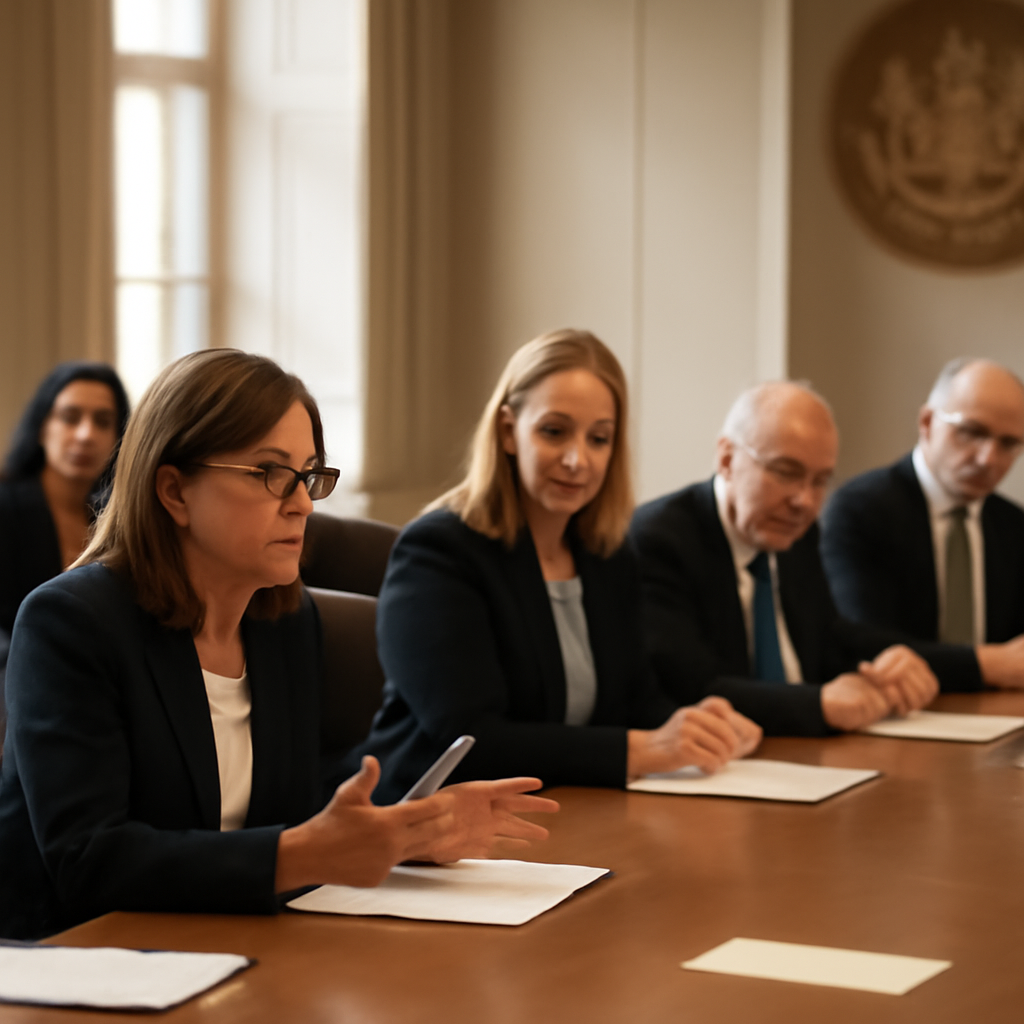 Formal meeting in government building with people seated around large table.