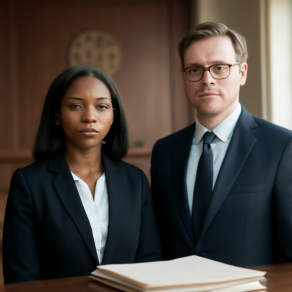 Two people in formal attire stand in a courtroom with documents on a table and a blurred company emblem in the background.