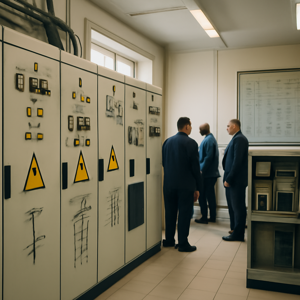 Control room with industrial equipment and officials monitoring power distribution systems.