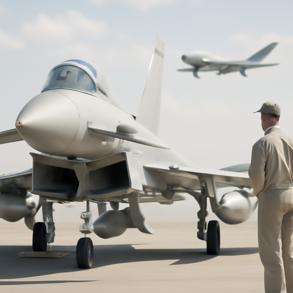 Eurofighter Typhoon aircraft on a runway with a blurred drone in the background.