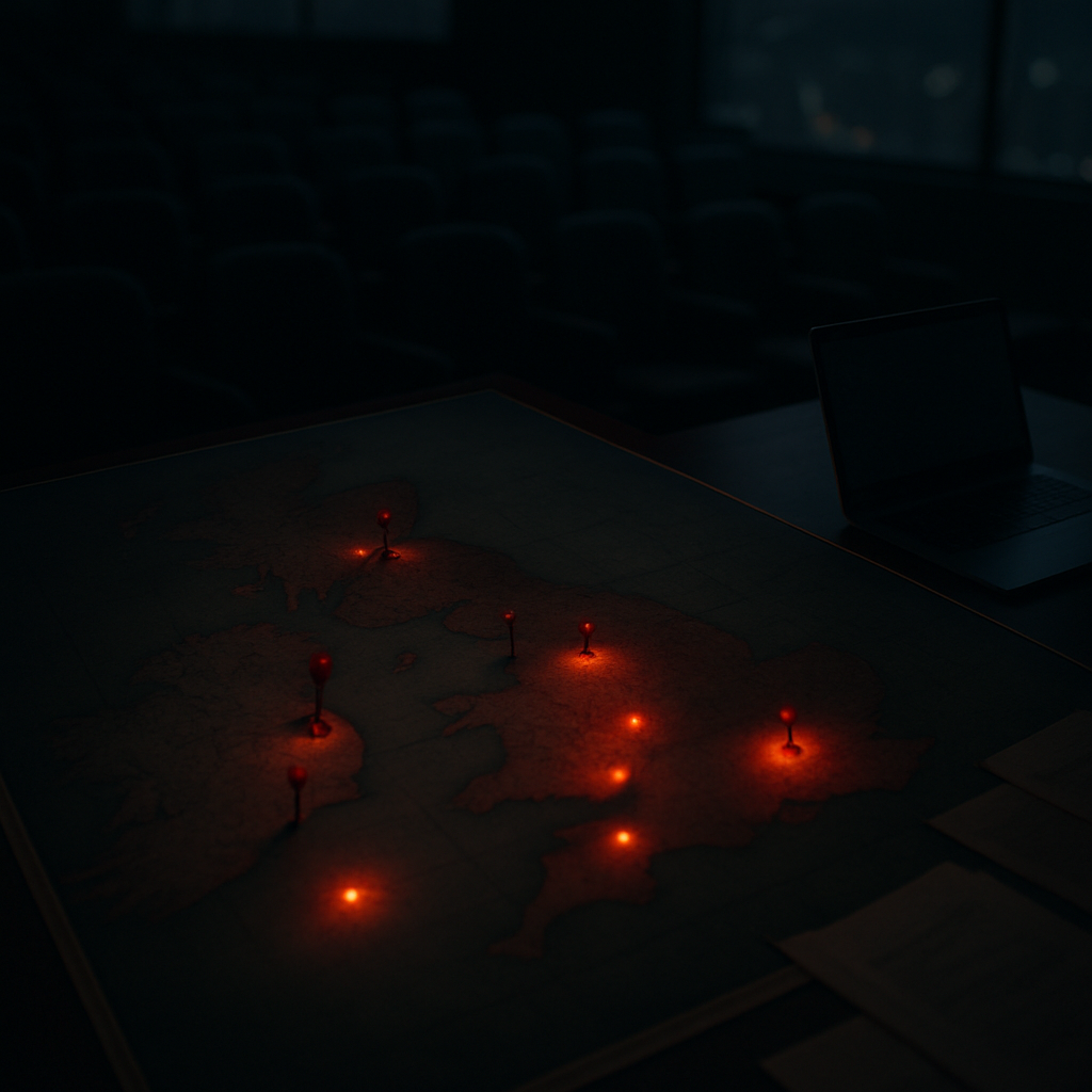UK map with marked locations in a darkened conference room setting.