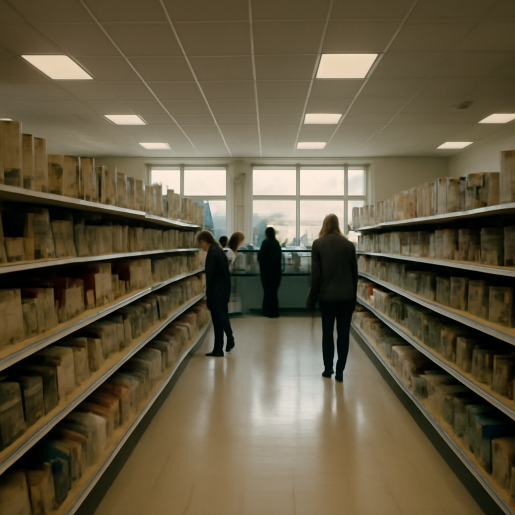 Well-lit supermarket interior with stocked shelves and shoppers browsing or at checkout.