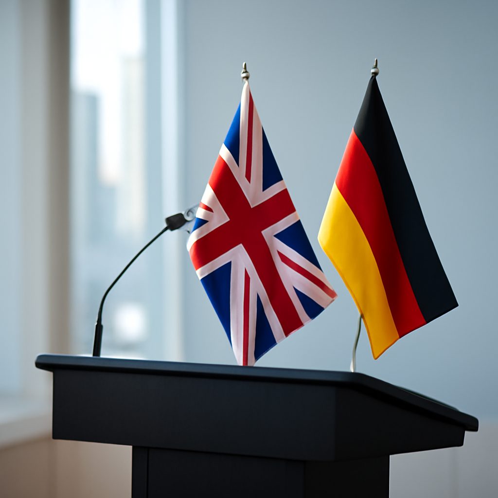 British and German flags side by side on a podium in a conference room.