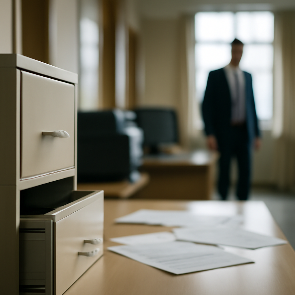 UK government office with papers scattered, slightly ajar file cabinet, and blurred computer screen in background.