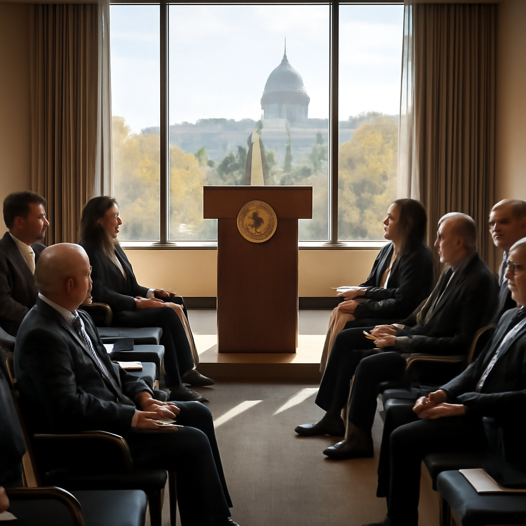 A podium with a circular emblem stands in a conference room with rows of chairs and a cityscape visible through a tall…