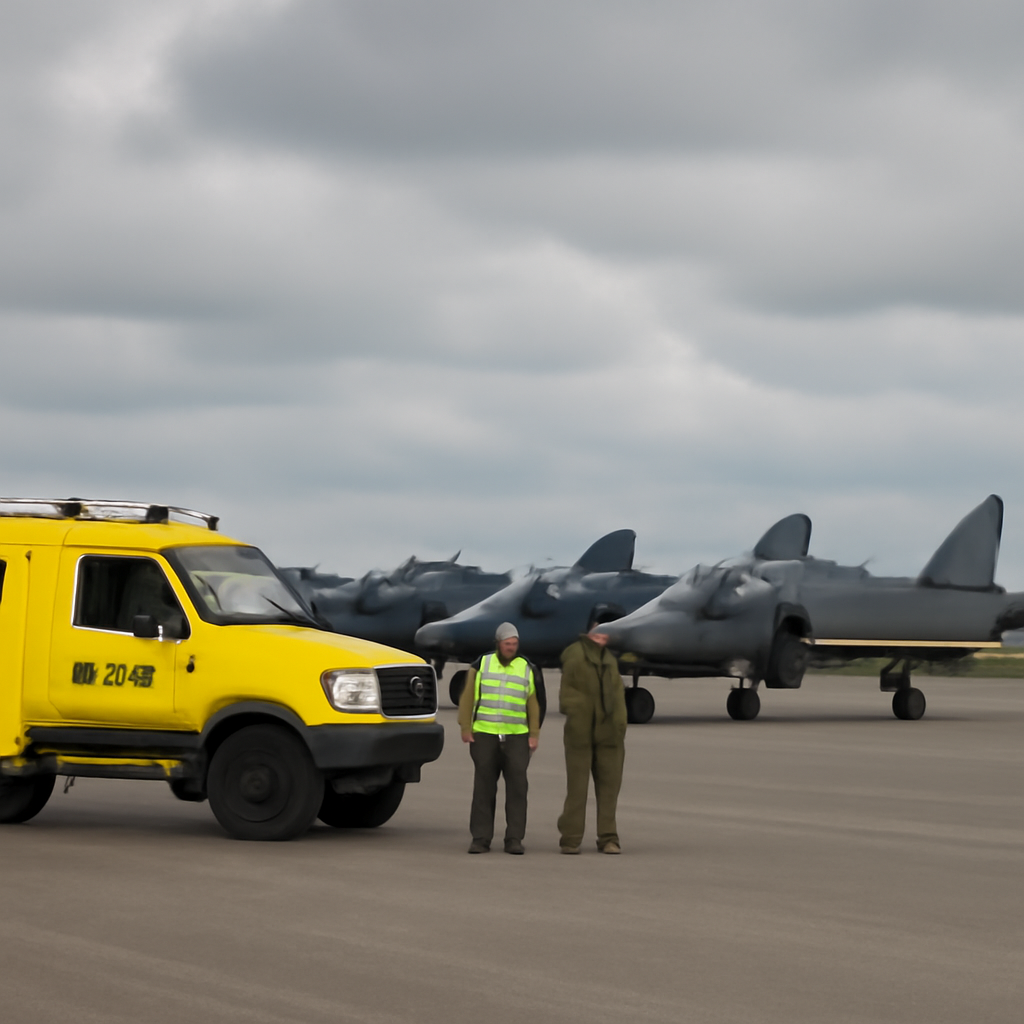 Military airbase scene with grounded Hawk jets, safety vehicle, and personnel in high-visibility vests.
