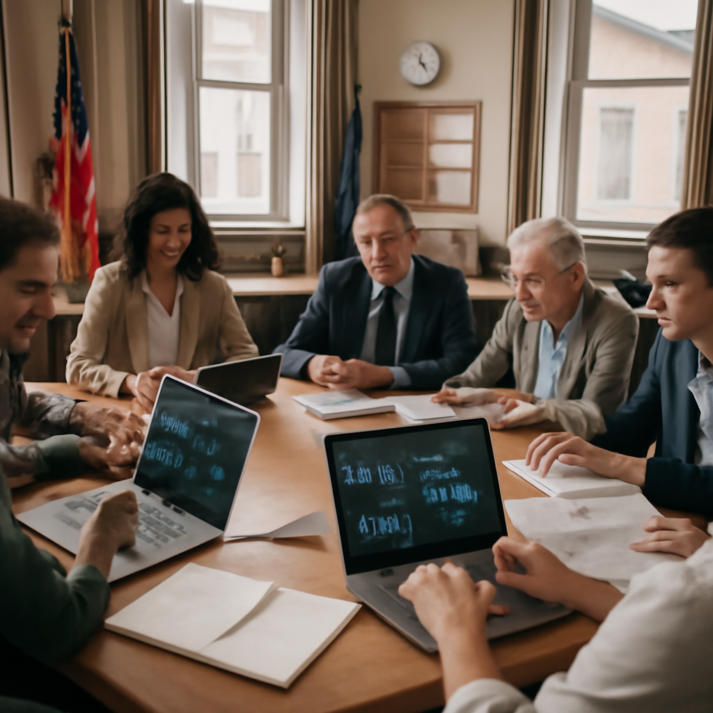People from different departments collaborate around a large table, surrounded by laptops and notes, with code and AI…