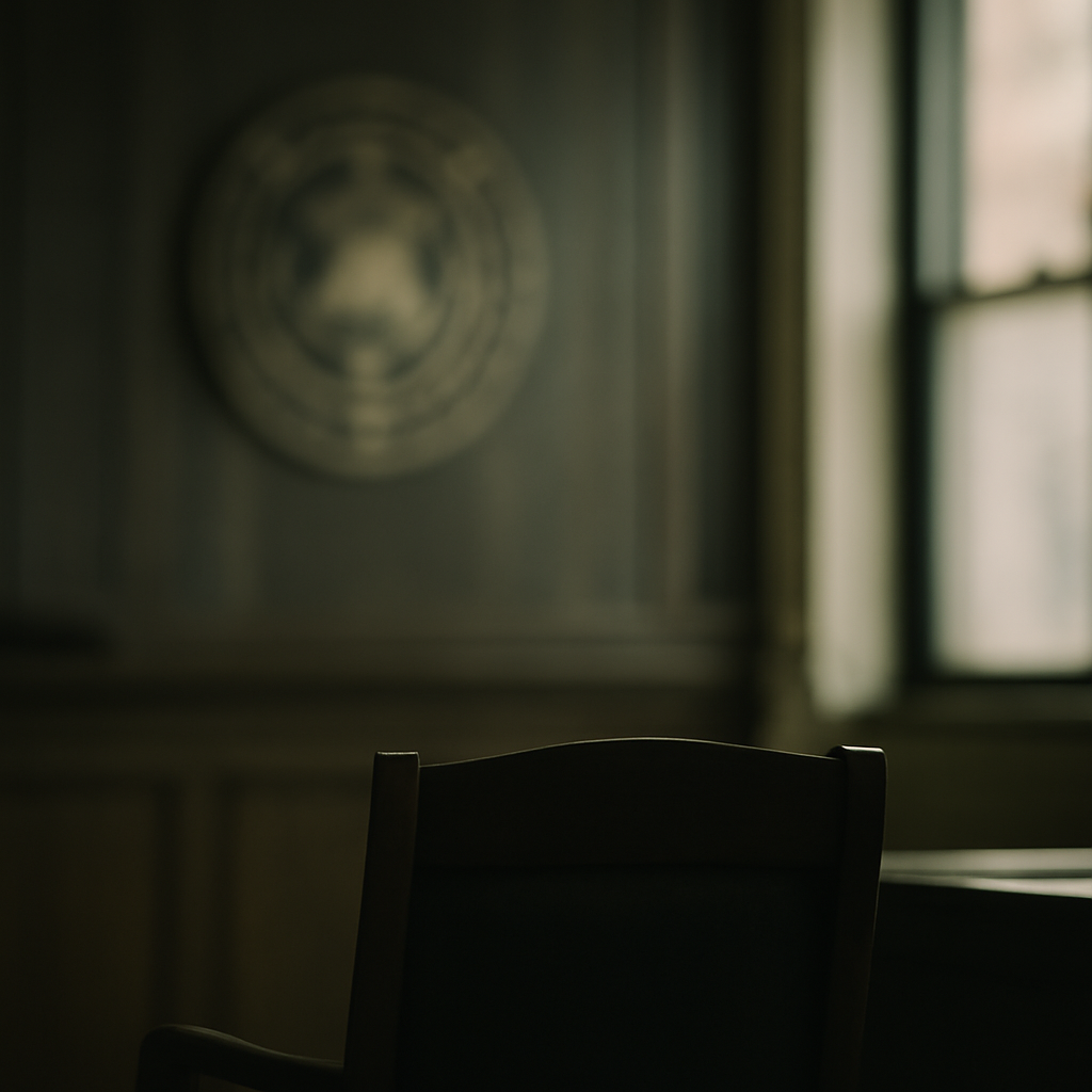 Empty chair sits in front of blurred courthouse emblem, symbolizing a verdict.