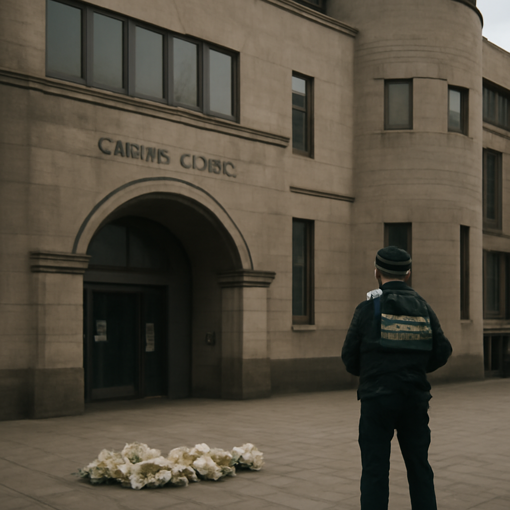 Leeds Crown Court exterior with police presence in muted daylight.