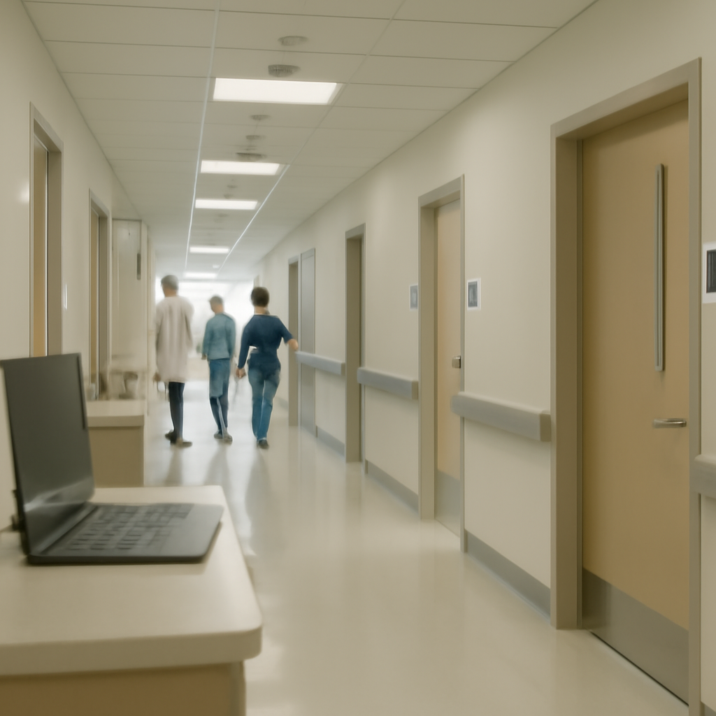 Hospital corridor with staff walking in distance and computer equipment in background.