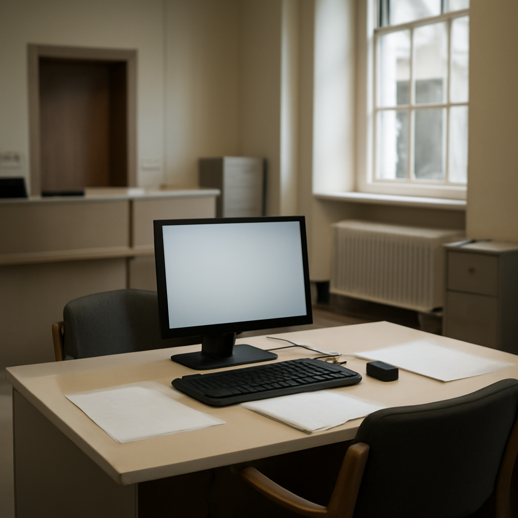 UK government agency interior with blurred computer and papers, large window in background.