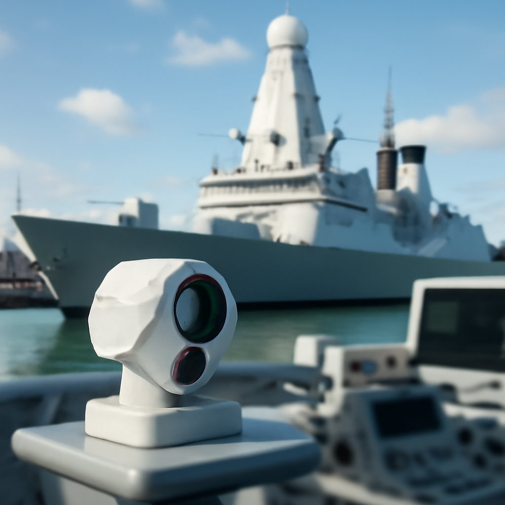 Type 45 destroyer docked with compact laser system in foreground.
