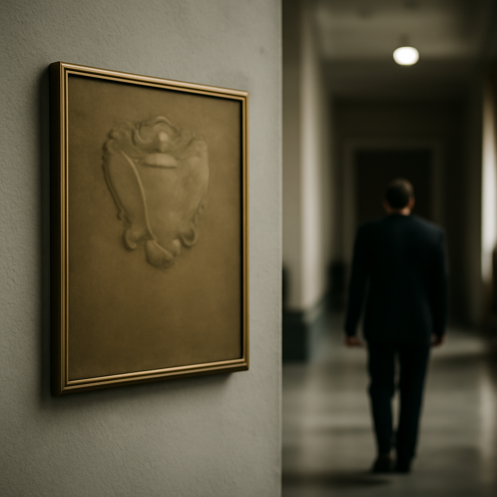 Government building with empty plaque, person walking away in background.