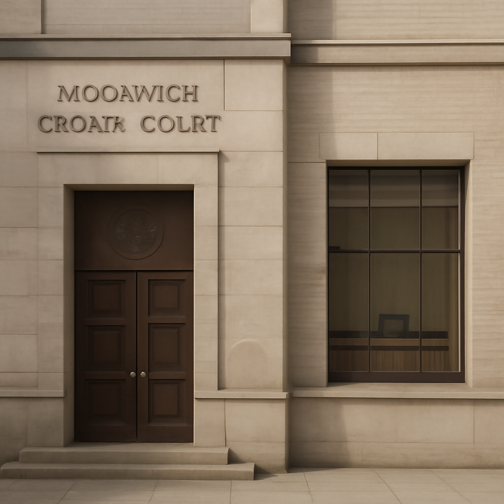 Woolwich Crown Court exterior with formal entrance and courtroom window.