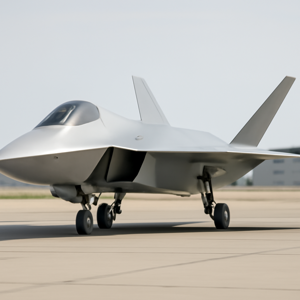 Sleek, futuristic aircraft parked on a runway with personnel in the distance.