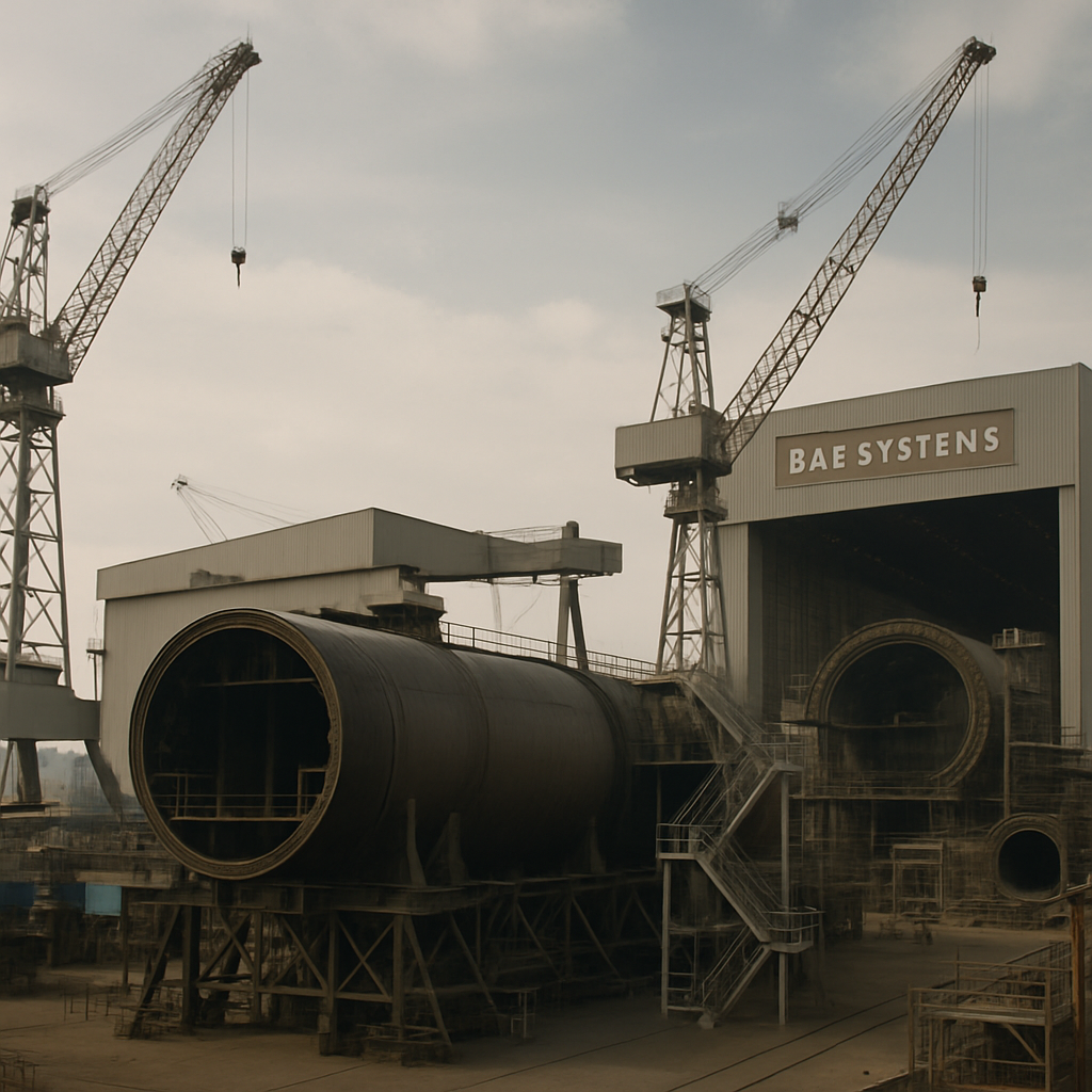 BAE Systems shipyard at Barrow, England, with industrial equipment and cranes.