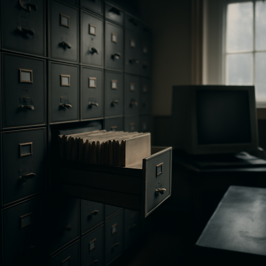 Rows of old filing cabinets in a dimly lit UK government office archive room with a slightly ajar drawer revealing dusty…