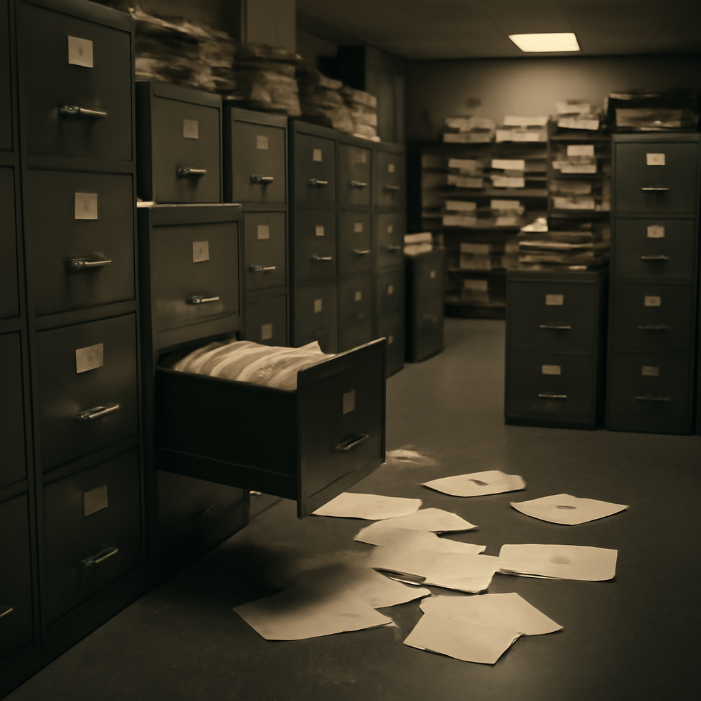 Rows of dusty filing cabinets and paper records in a dimly lit archive room with a slightly ajar file drawer in the…