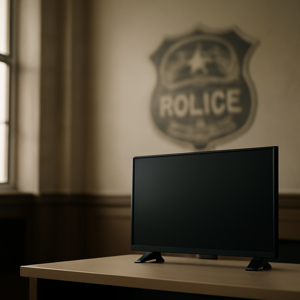 A somber courtroom or law enforcement setting with a blurred police emblem and an out-of-focus TV on a table.