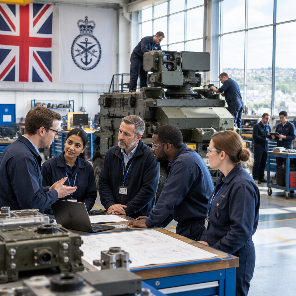 UK factory workers of various nationalities surround large machinery with a subtle British flag insignia in the background.