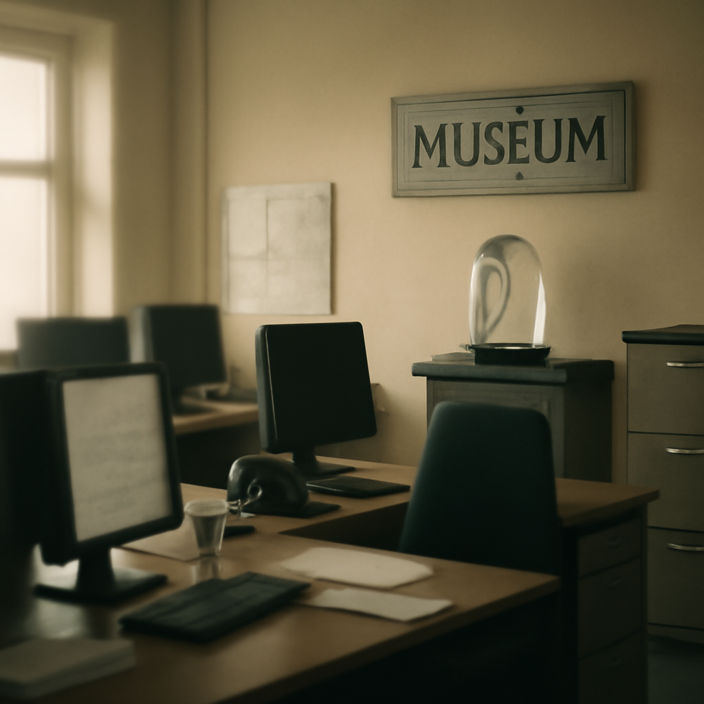 Blurred office interior with computer workstations and a glass paperweight on a shelf.