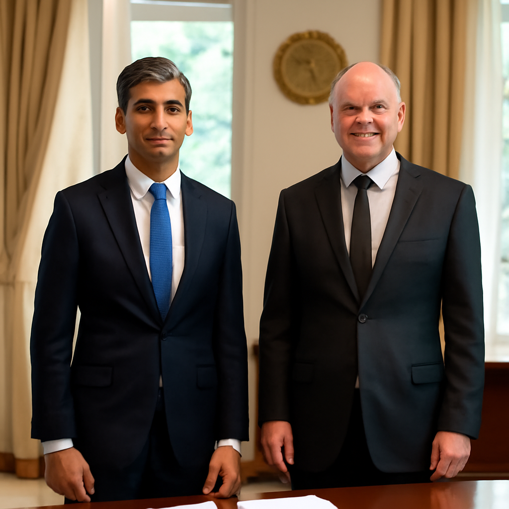 Two prime ministers stand side by side in a formal meeting room with a polished table and papers in front of them.