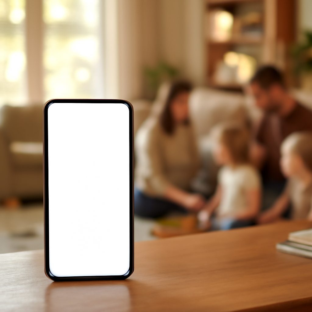 Smartphone rests on a wooden table in a cozy living room with a family playing in the background.
