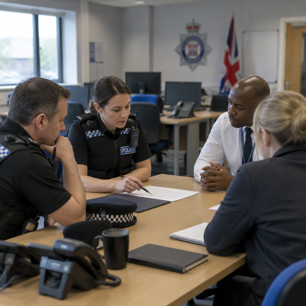 Police officers and staff seated around a table in a softly-lit briefing room, discussing documents.