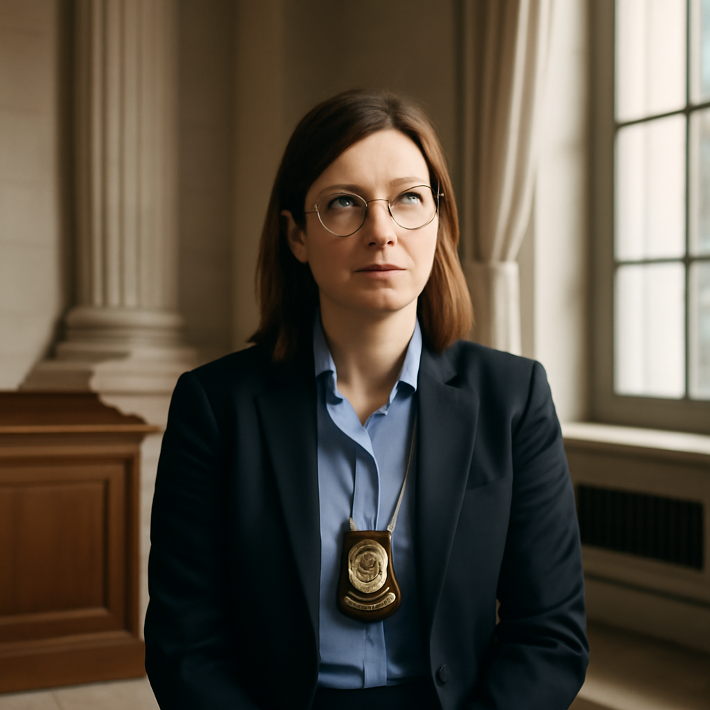 Formal law enforcement setting with a professional person in front of a government building interior backdrop.